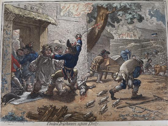 After Gilray, coloured aquatint, United Irishmen upon Duty, 20 x 27cm, unframed